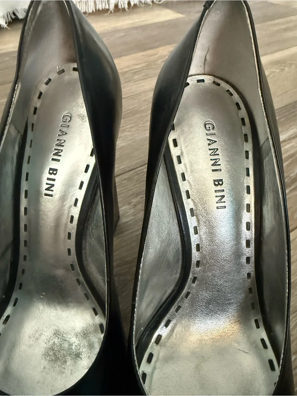 Gianni Bini Black Leather Peep-Toe Pumps with Wood-Effect Platform